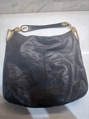 Large Michael Kors Black Leather Hobo Bag with Gold Chain Hardware